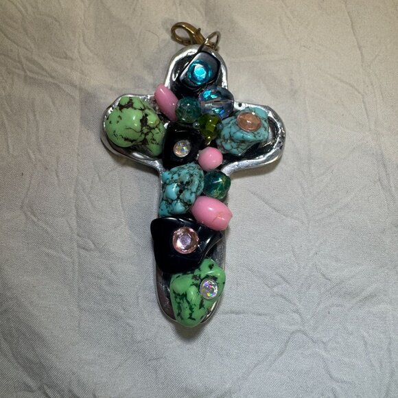 Handcrafted Cross Pendant With Gemstones Beads & Rhinestones heavy - Picture 1 of 7
